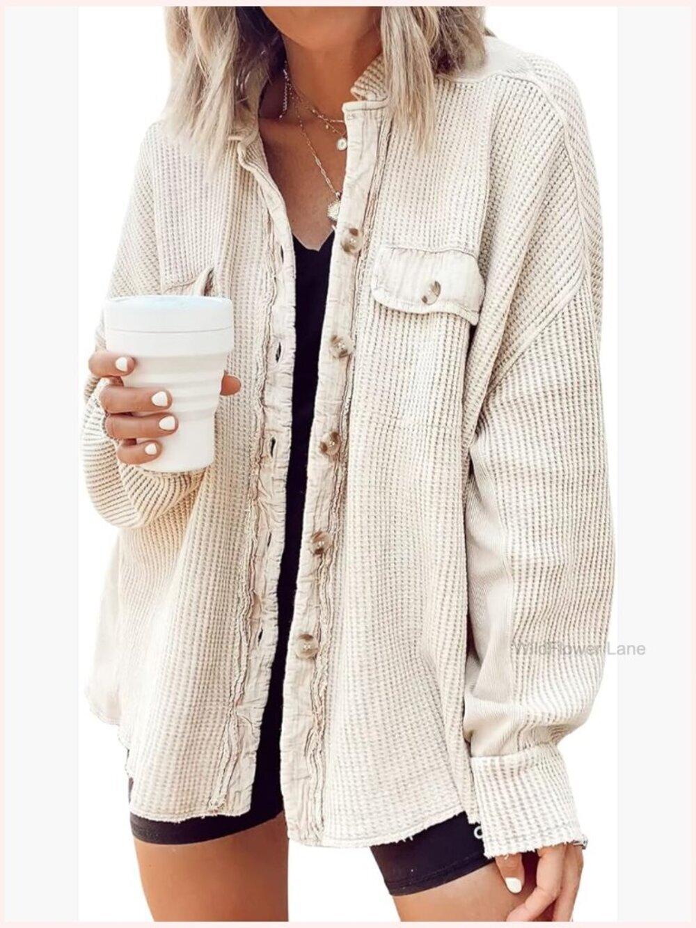 Waffle Knit Button Down Long Sleeve Shacket Blouse